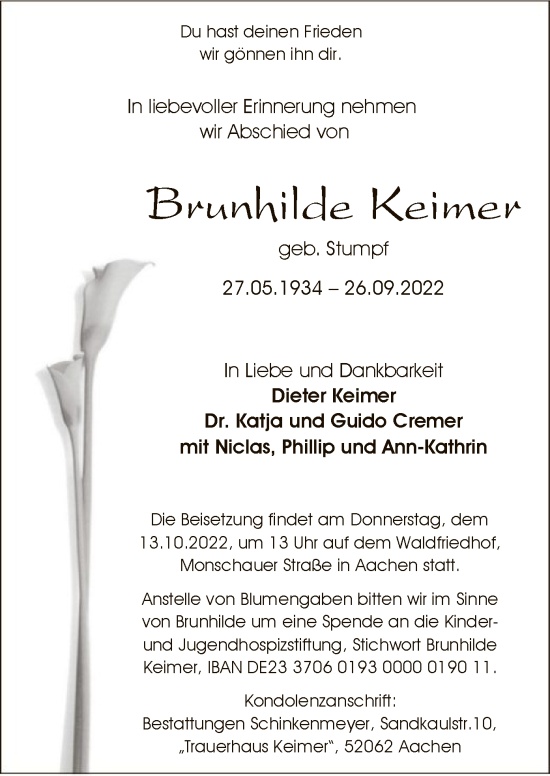 Traueranzeige von Brunhilde Keimer von WA