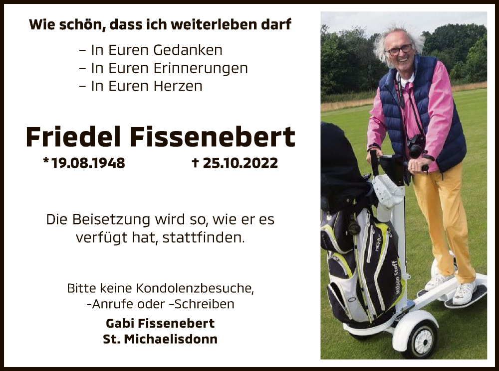  Traueranzeige für Friedel Fissenebert vom 29.10.2022 aus WA