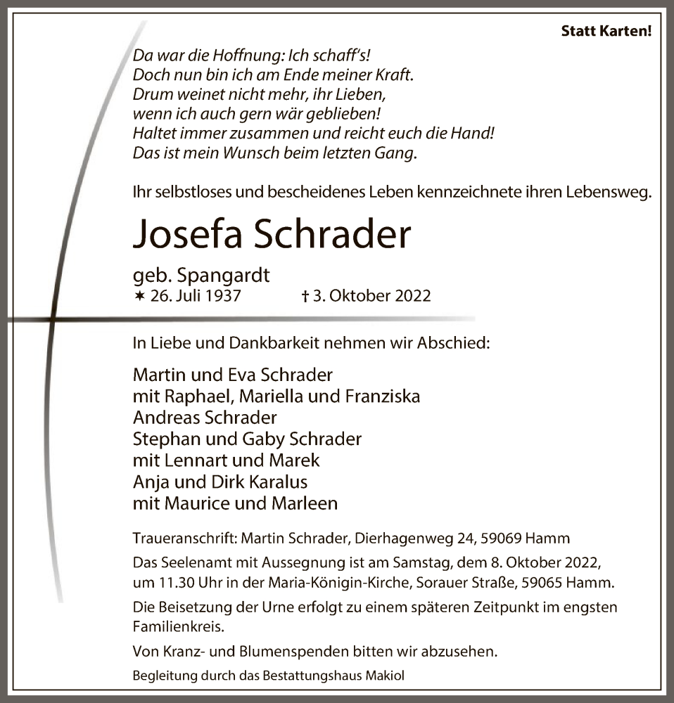  Traueranzeige für Josefa Schrader vom 05.10.2022 aus WA