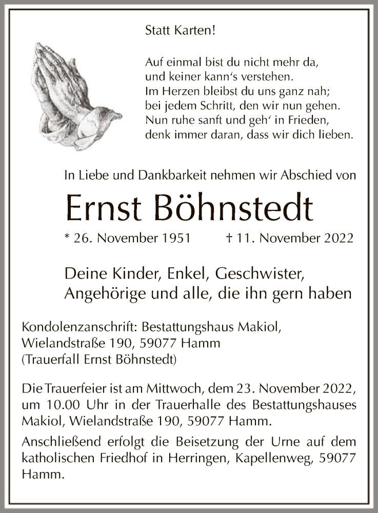  Traueranzeige für Ernst Böhnstedt vom 19.11.2022 aus WA