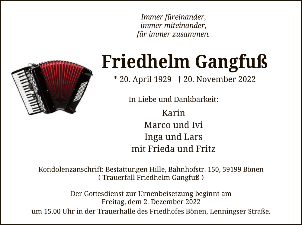  Traueranzeige für Friedhelm Gangfuß vom 26.11.2022 aus WA