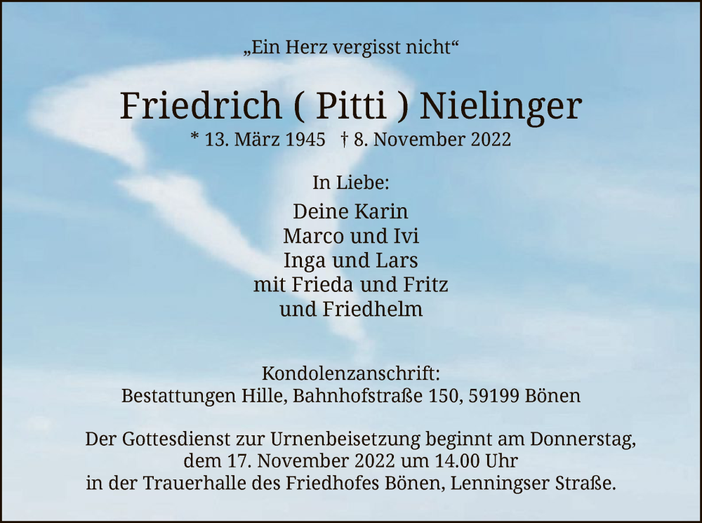  Traueranzeige für Friedrich Nielinger vom 15.11.2022 aus WA