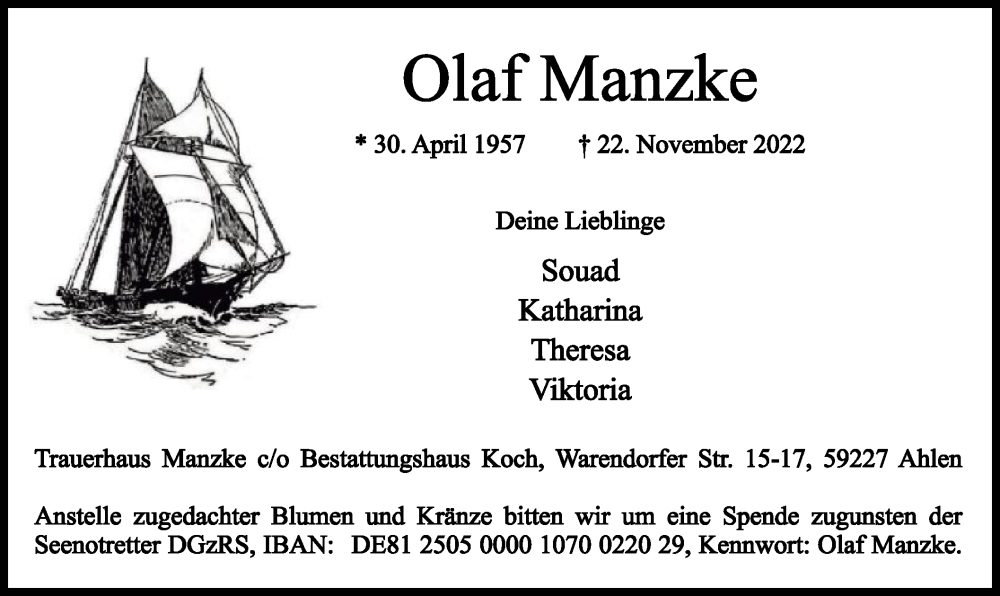  Traueranzeige für Olaf Manzke vom 26.11.2022 aus WA