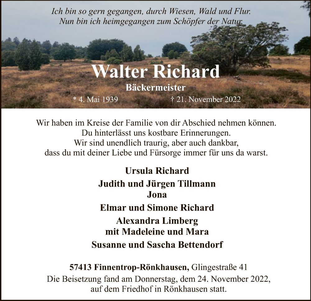  Traueranzeige für Walter Richard vom 26.11.2022 aus WA