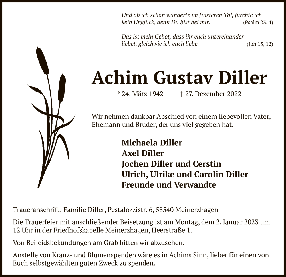  Traueranzeige für Achim Gustav Diller vom 30.12.2022 aus WA