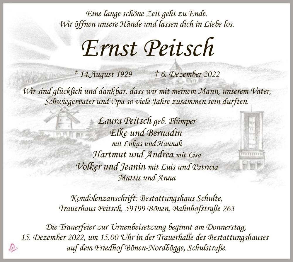  Traueranzeige für Ernst Peitsch vom 10.12.2022 aus WA