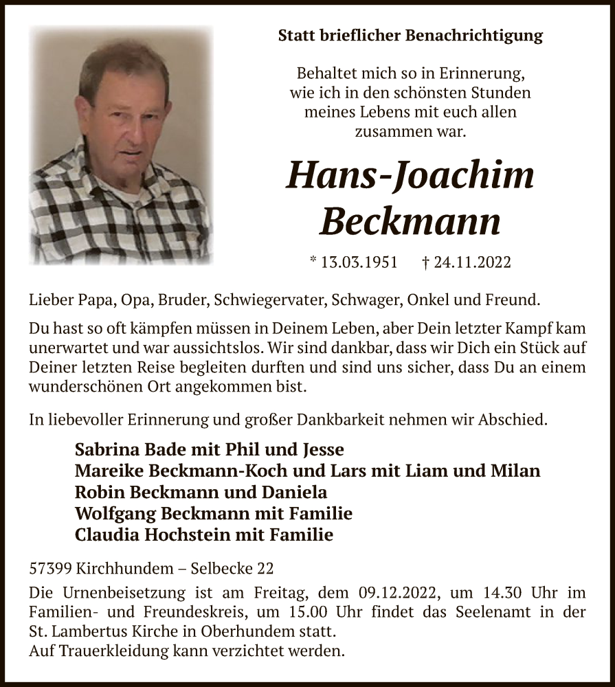  Traueranzeige für Hans-Joachim Beckmann vom 03.12.2022 aus WA