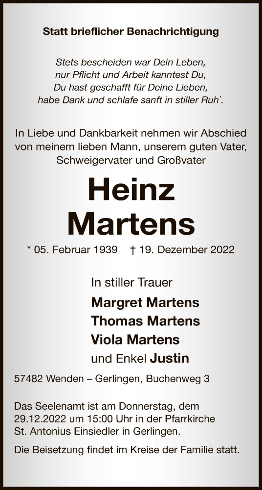  Traueranzeige für Heinz Martens vom 23.12.2022 aus WA