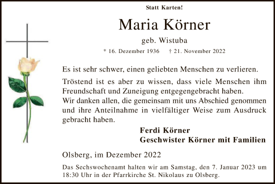 Traueranzeige von Maria Körner von WA