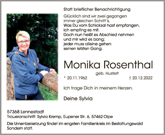 Traueranzeige von Monika Rosenthal von WA