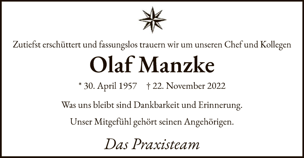  Traueranzeige für Olaf Manzke vom 03.12.2022 aus WA
