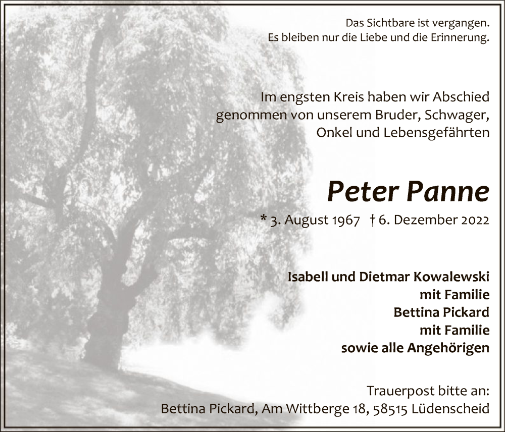  Traueranzeige für Peter Panne vom 20.12.2022 aus WA