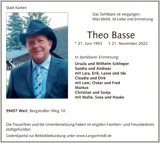 Traueranzeige von Theo Basse von WA