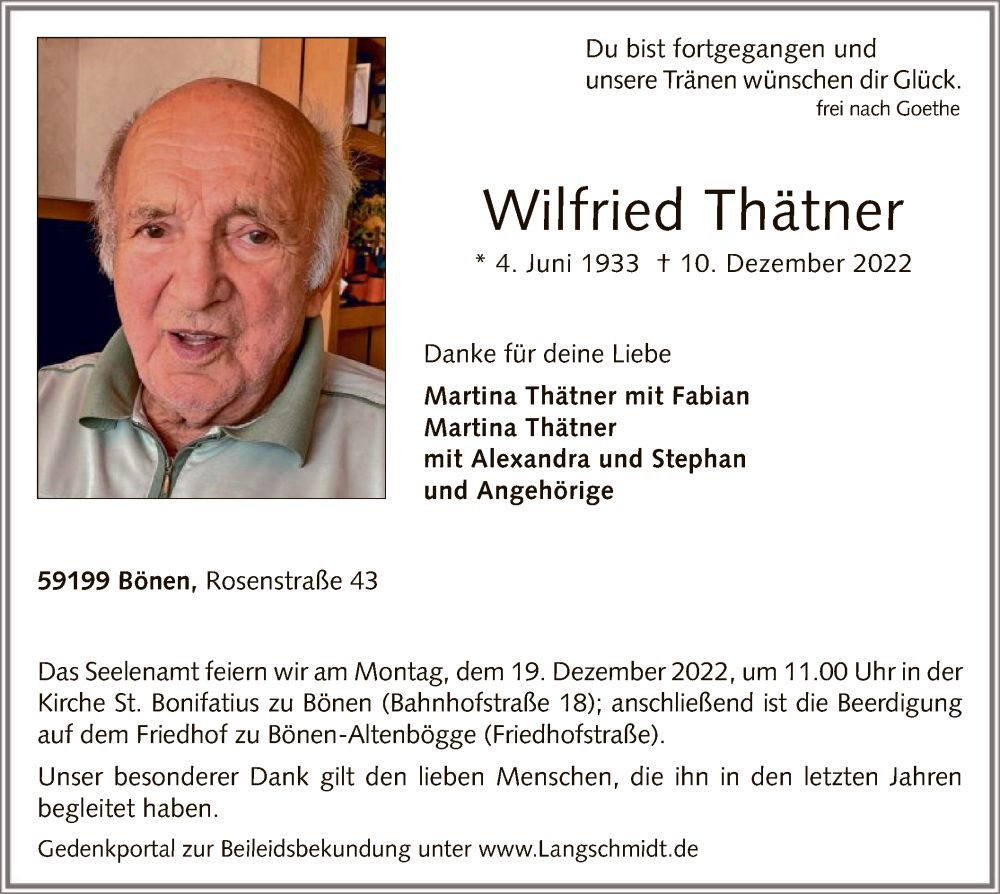  Traueranzeige für Wilfried Thätner vom 15.12.2022 aus WA