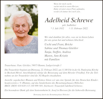 Traueranzeige von Adelheid Schrewe von WA