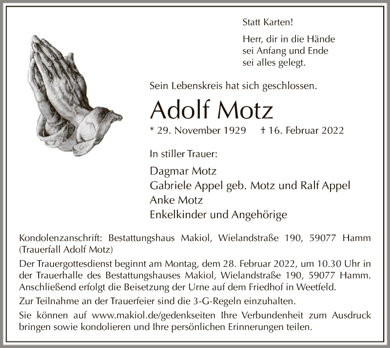  Traueranzeige für Adolf Motz vom 23.02.2022 aus WA