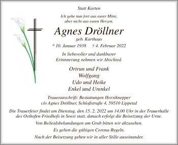 Traueranzeige von Agnes Dröllner von WA