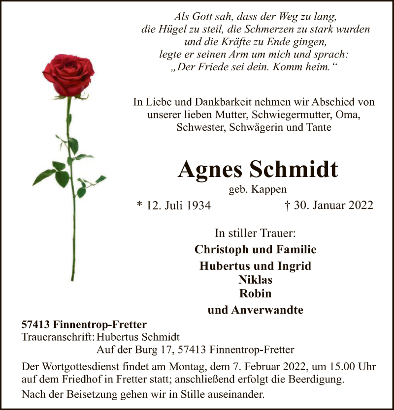  Traueranzeige für Agnes Schmidt vom 05.02.2022 aus WA