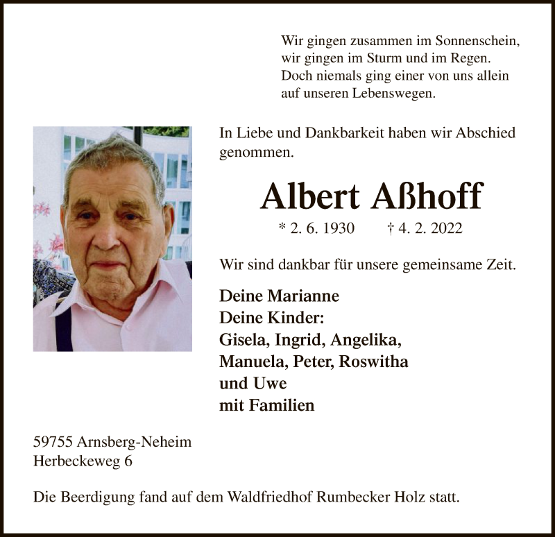  Traueranzeige für Albert Aßhoff vom 12.02.2022 aus WA