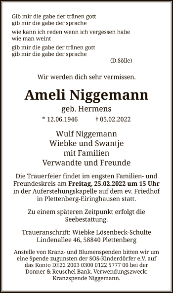 Traueranzeige von Ameli Niggemann von WA