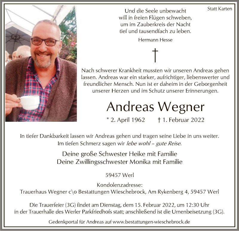 Traueranzeige für Andreas Wegner vom 12.02.2022 aus WA