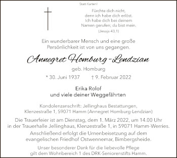 Traueranzeige von Annegret Homburg-Lendzian von WA
