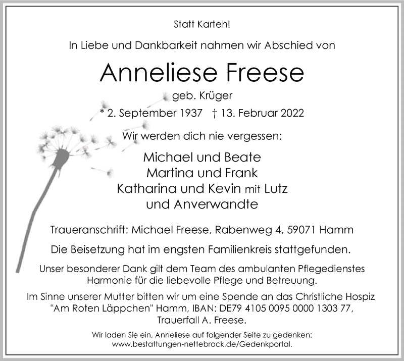  Traueranzeige für Anneliese Freese vom 26.02.2022 aus WA