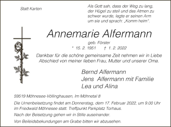 Traueranzeige von Annemarie Alfermann von WA