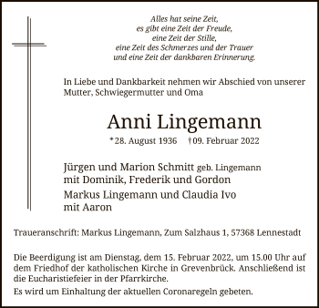 Traueranzeige von Anni Lingemann von WA