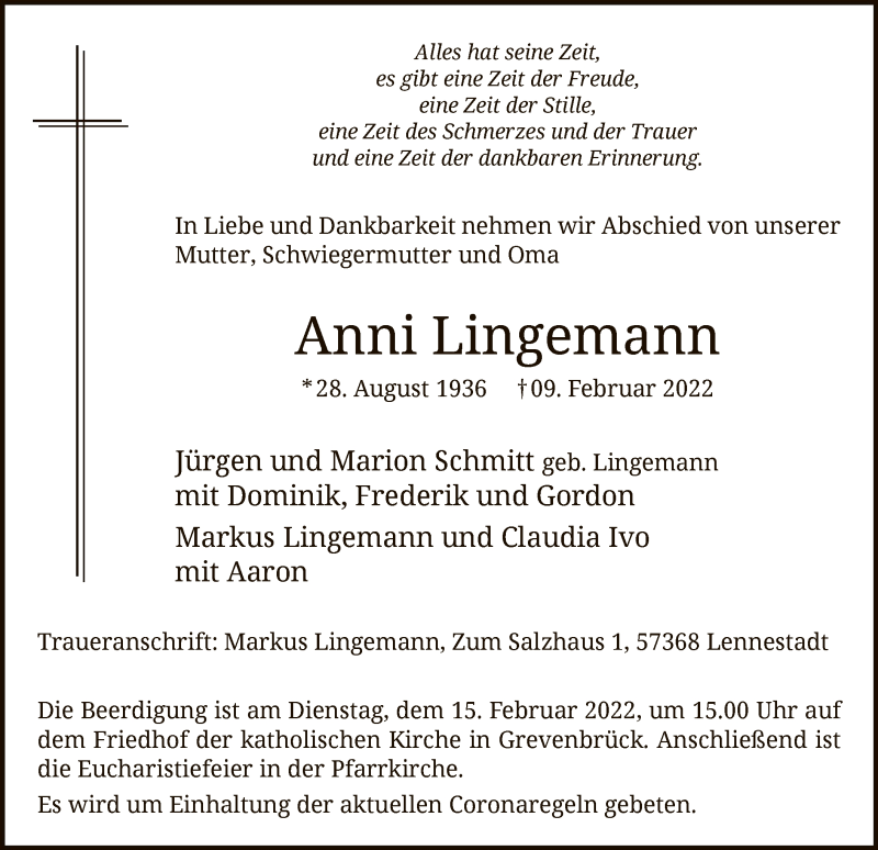  Traueranzeige für Anni Lingemann vom 12.02.2022 aus WA