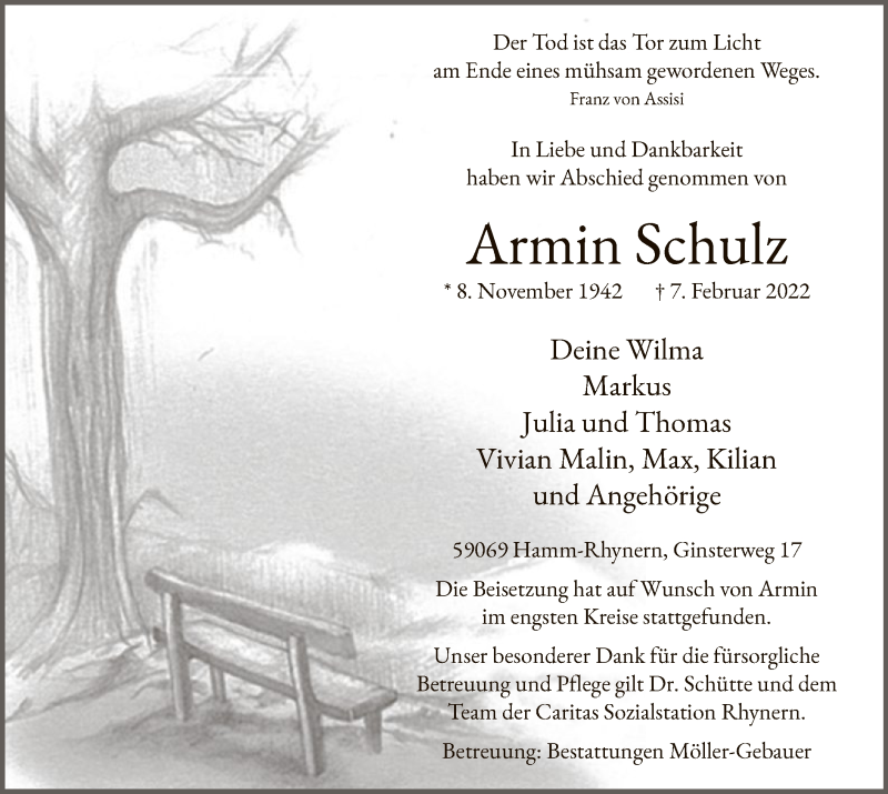  Traueranzeige für Armin Schulz vom 12.02.2022 aus WA