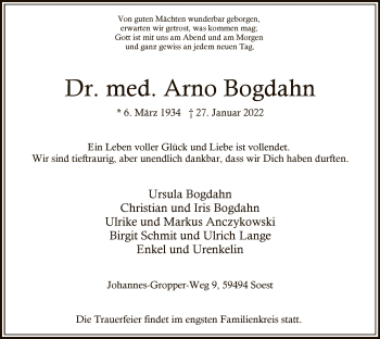 Traueranzeige von Arno Bogdahn von WA