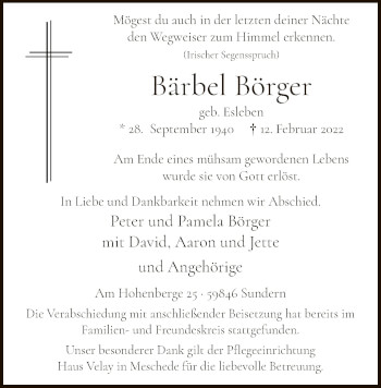 Traueranzeige von Bärbel Börger von WA