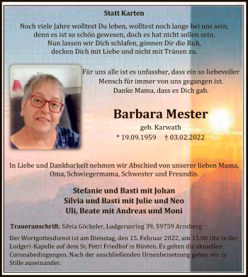 Traueranzeige von Barbara Mester von WA