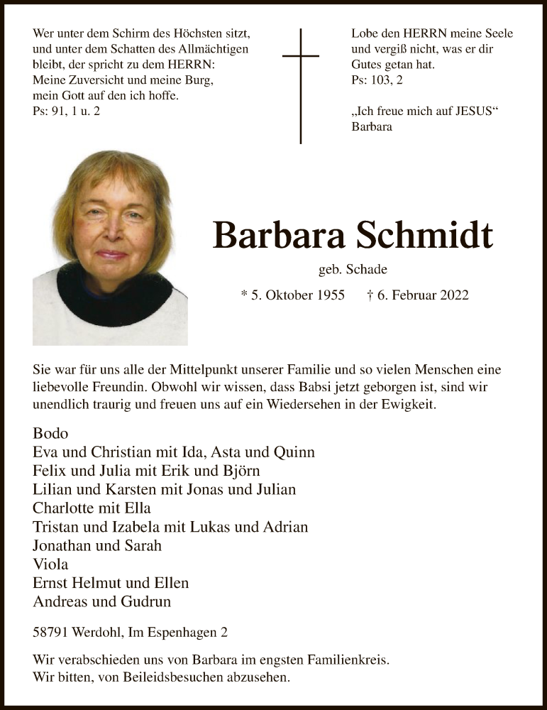  Traueranzeige für Barbara Schmidt vom 11.02.2022 aus WA