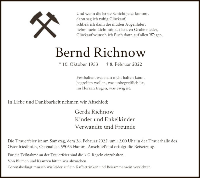  Traueranzeige für Bernd Richnow vom 19.02.2022 aus WA