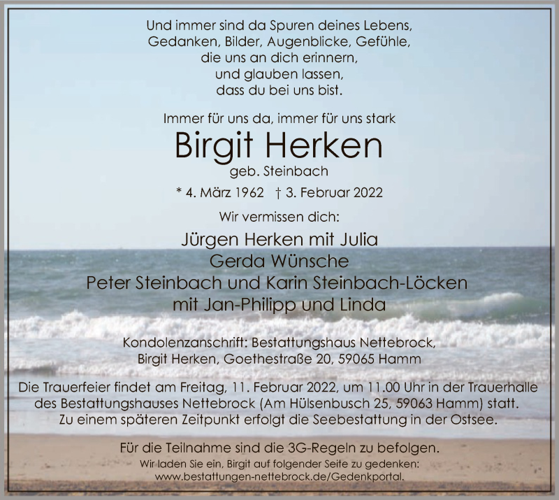  Traueranzeige für Birgit Herken vom 09.02.2022 aus WA