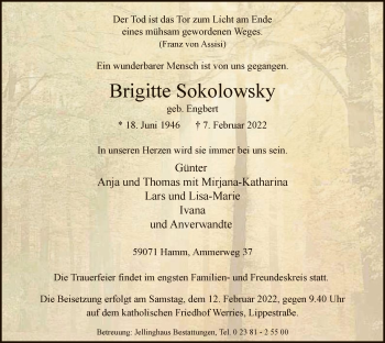 Traueranzeige von Brigitte Sokolowsky von WA