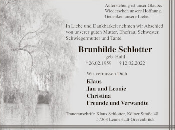 Traueranzeige von Brunhilde Schlotter von WA