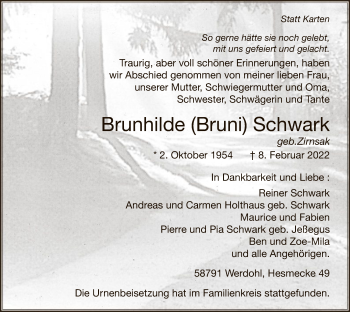 Traueranzeige von Brunhilde Schwark von WA