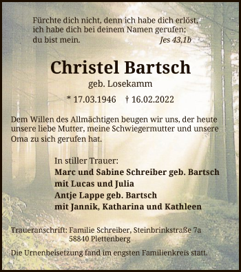 Traueranzeige von Christel Bartsch von WA