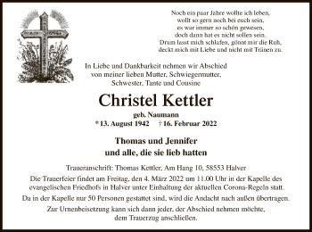 Traueranzeige von Christel Kettler von WA