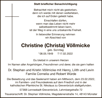 Traueranzeige von Christine Völlmicke von WA