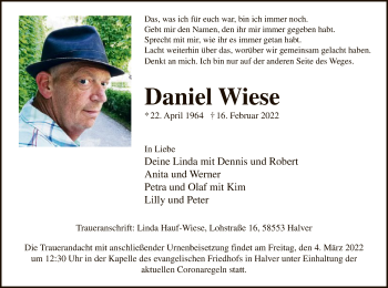 Traueranzeige von Daniel Wiese von WA