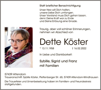 Traueranzeige von Dette Köster von WA