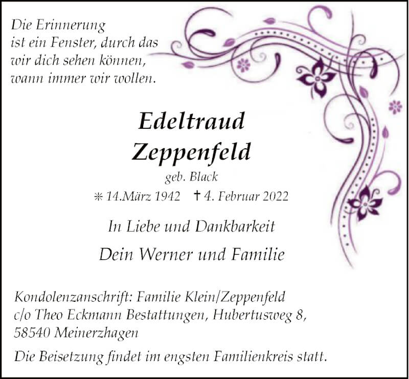  Traueranzeige für Edeltraud Zeppenfeld vom 19.02.2022 aus WA