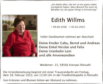 Traueranzeige von Edith Willms von WA