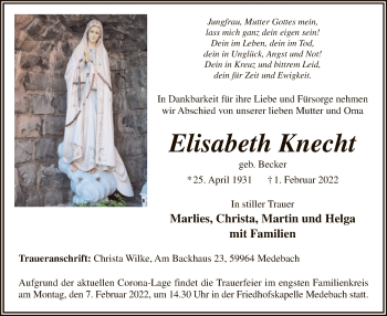 Traueranzeige von Elisabeth Knecht von WA