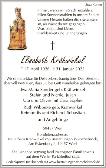 Traueranzeige von Elisabeth Krähwinkel von WA