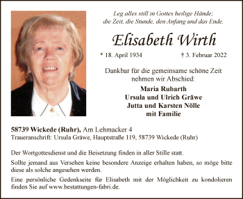 Traueranzeige von Elisabeth Wirth von WA